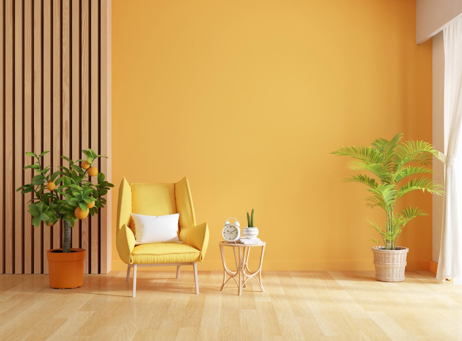 Pièce jaune, avec plante fauteuil jaune et plainte en bois pour décorer mur 